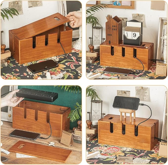 12 Inch Wood Cable Management Box Cord Organizer Box for Desk Cable Organizer Wooden for Power Strip Router USB Hub Cord Hider for Home Office