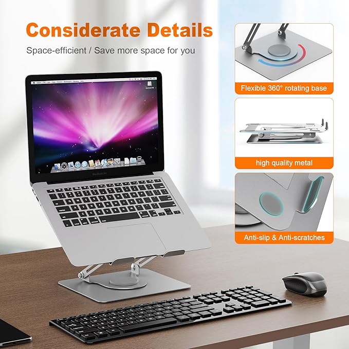 GRIFEMA Laptop Stand for Desk, Foldable Laptop Riser with 360° Swivel Base, Adjustable Height & Angle, Ventilated Computer Stand Compatible with MacBook Air/Pro, Dell, and 11-17" Laptops - Silver