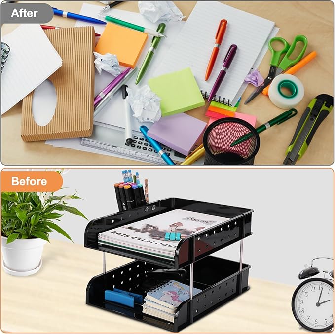 Stackable Letter Tray Papers Organizers, A4 Size Desk Organizer Tray for Letter Paper Stationery Desk Accessories, Plastic Black Paper Holder File Organizer for Office, School, Home (Dark Black)