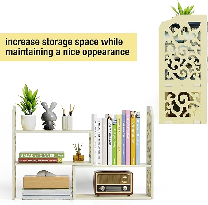 YGYQZ Adjustable Desktop Organizer Shelf – Space-Saving Desk Shelves & Desktop Bookshelf for Office, Home & Dorm – Sturdy PVC Desk Book Organizer with Non-Slip Feet, Easy Assembly