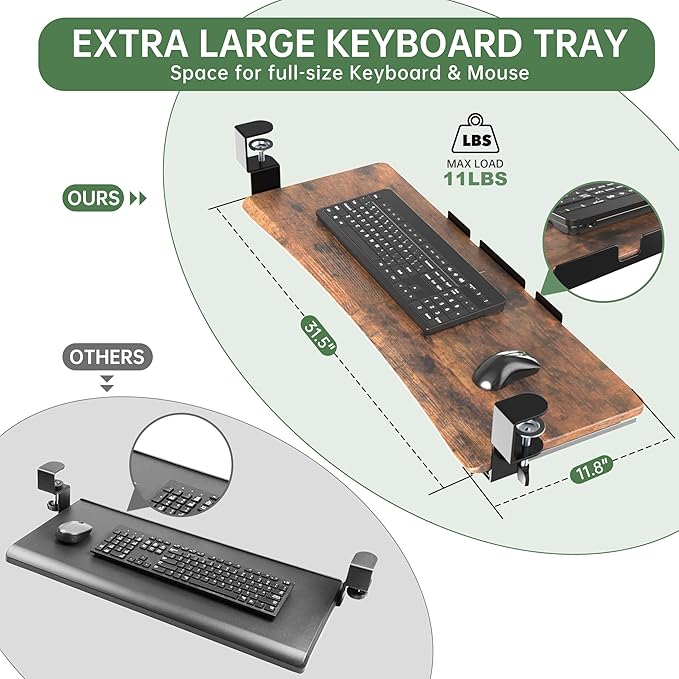 UPGRAVITY Extra Large Keyboard Tray Under Desk - Slide Out with Sturdy C-Clip Mount System, Extra Wide 31.5" (35.8" Including Clamps) x 11.8" Pull-Out Keyboard Computer Drawer, Rustic Vintage Brown