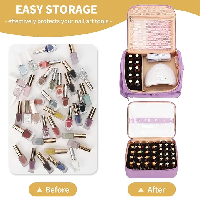 CUBETASTIC Extra Large Nail Polish Organizer Case Holds 86 to 100+ Bottles Nail Polish & Nail Lamp, Nail Supplies Storage Carrying Bag with 2 Removable Pouches (Purple, 86 Slots)