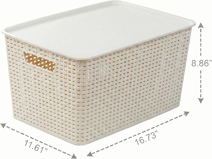 BINO | Plastic Storage Baskets with Lids, 22 Liter - 3 Pack, Natural | THE WOVEN COLLECTION | Storage Basket for Shelves | Woven Storage Baskets for Organizing Bins | Pantry Shelf Organizer Bin