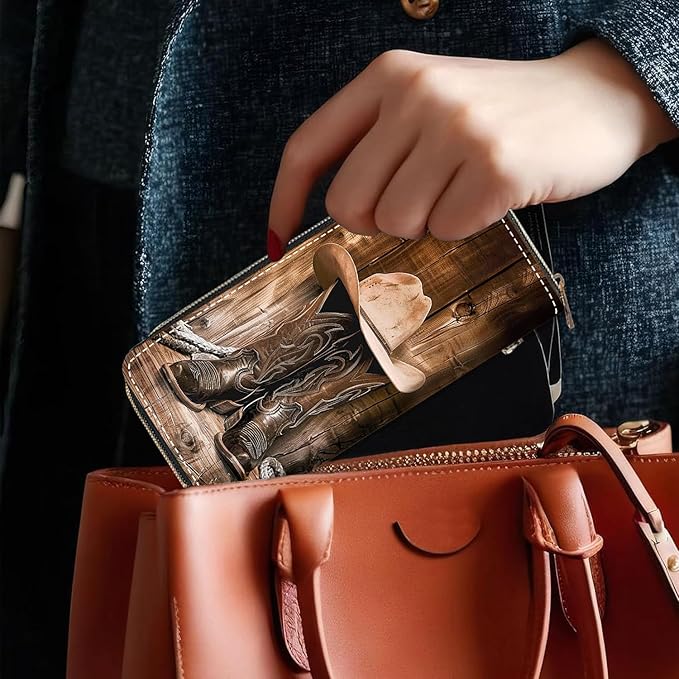 Women's Large Capacity Wallet, Portable PU Leather Zipper Wallet for Smart Phone/Card/Coin/Cash, Multifunctional Clutch Wallet with Removable Wristlet Strap, Western Cowboy Equipment Boots and Hat