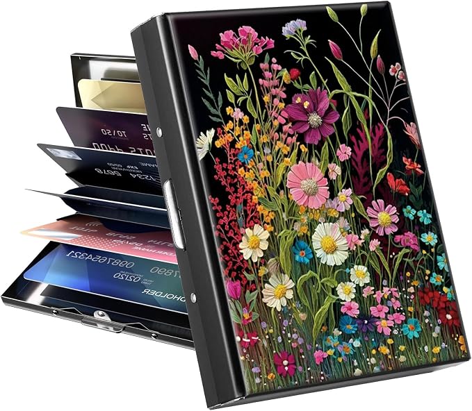 Metal Wallet for Women Men Girls, RFID Blocking Slim Aluminum Credit Card Holder, Mini Travel Wallet with Hard Shell, Lightweight ID & Business Card Case,Wildflowers