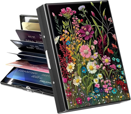 Metal Wallet for Women Men Girls, RFID Blocking Slim Aluminum Credit Card Holder, Mini Travel Wallet with Hard Shell, Lightweight ID & Business Card Case,Wildflowers