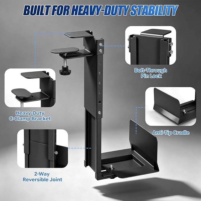 TooCust Adjustable Under Desk PC Mount, Heavy Duty No Drilling Clamp Mount on Desk Fits Most PC Tower 14.5”-22.4” (H) , Thickened & Ultra Strong CPU Holder for Standing Desk & Home Office, Black