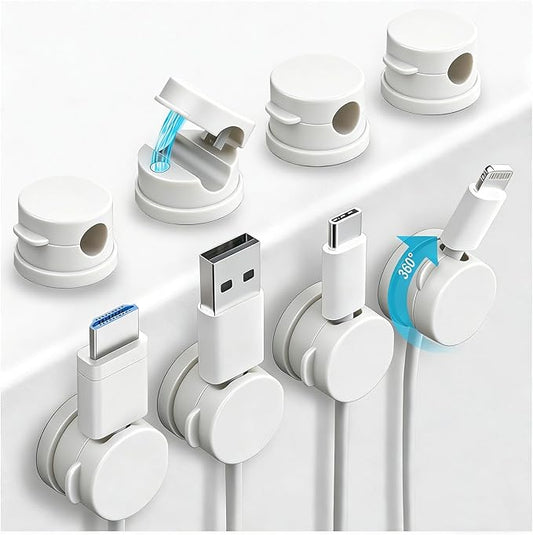 OneLeaf 8 Pack Magnetic Cable Clips, Rotatable Cable Management Clips for Desk & Wall, Strong Adhesive Cord Organizer for Phone Chargers, Ethernet & Cable Wires, Home Office Car, White