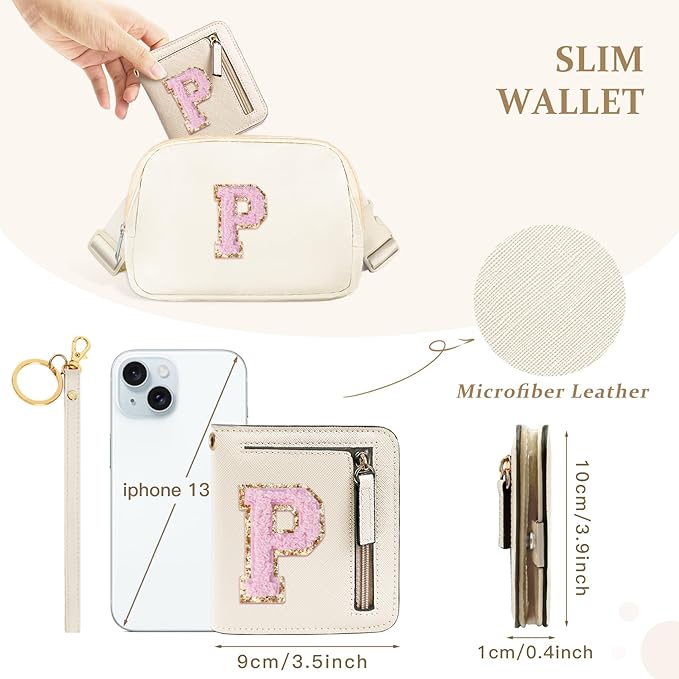 COSHAYSOO Preppy Wallet Gifts for Teen Girls Women Small Wallet RFID Bifold PU Leather Christmas Valentines Easter Mothers Fathers Day Nurse Appreciation Graduation Gifts Chenille Letter P Cream