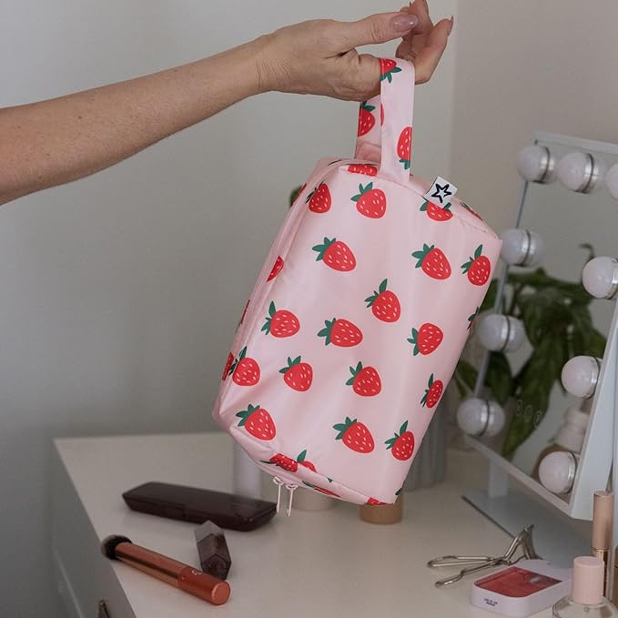 Tiny Twinkle Waterproof Travel Toiletry & Makeup Bag Organizer | Makeup Pouch with Multiple Compartments & Snap Handle for Travel | Gift for Teen Girls and Women (Strawberries)