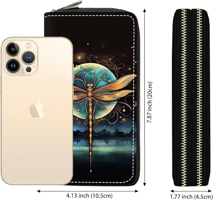 Women's Large Capacity Wallet PU Leather Double Zipper Clutch Purse Multifunctional Wallet with Removable Wristlet Strap for Smart Phone/Coin/Card/Cash - Dragonfly