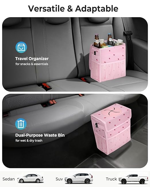 Corduroy Car Trash Can with Lid and Mesh Pockets - Leakproof Organizer,Multipurpose Waterproof Garbage Can/Trash Bin for Car(Pink Base with Red Strawberry Print -2 Gallons)