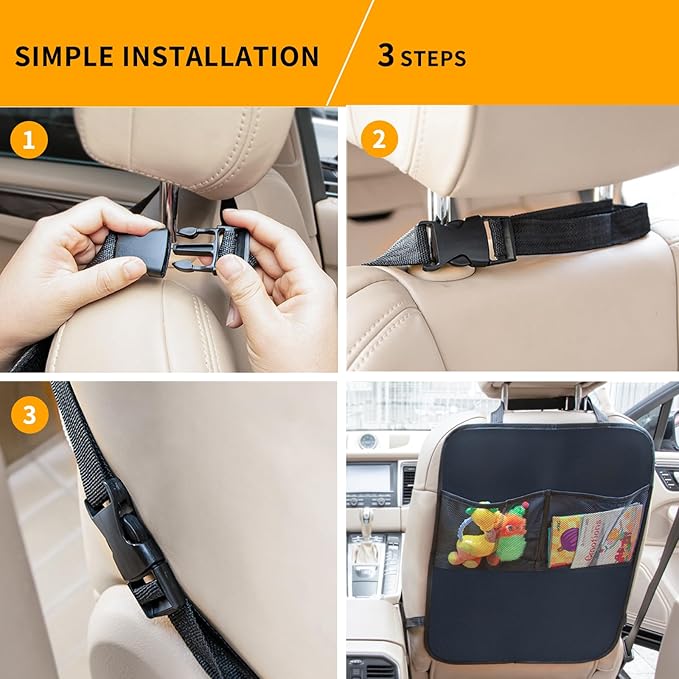 2 Pack Kick Mat Backseat Protector,Back Seat Cover for Kids,Car Seat Back Protectors with 2 Pocket Storage Organizer for Car, SUV, Minivan or Truck Seats (Black)