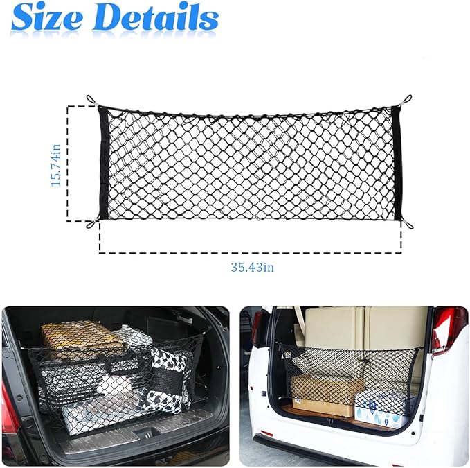 Car Rear Cargo Net, Adjustable Elastic Vehicle Double-Layer Mesh Storage Bag with Hooks, Stretchable Automotive Trunk Organizer Net, Universal for Sedan, RV, Truck (35.43" x 15.74")
