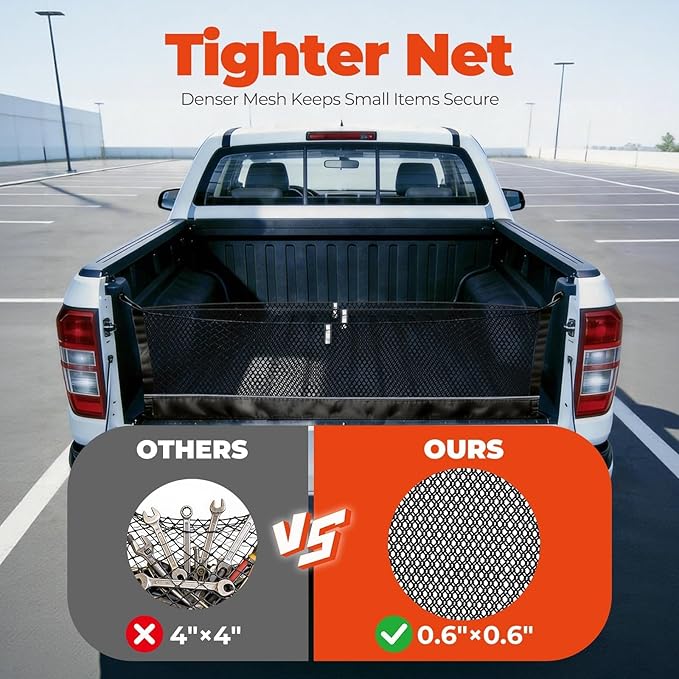 3-Layer Cargo Net for Ford Maverick 2022-2026, Zoned Storage Truck Bed Net with Foldable Zippered Bottom Bag, Heavy-Duty Cargo Organizer Netting for Camping, Trips & Everyday Use