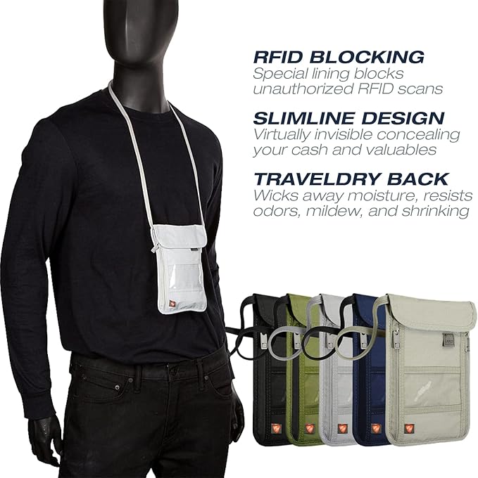 Lewis N. Clark Stash Neck Travel Wallet, RFID Blocking Passport Holder, Protect Personal Information, Slate