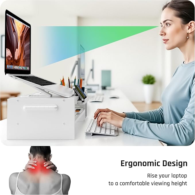 Adjustable Wood Laptop Stand, Ergonomic Height & Angle Computer Riser with Pen Holder – Compatible with MacBook Air/Pro, Dell, HP, Lenovo & 10-17.3" Notebooks – White