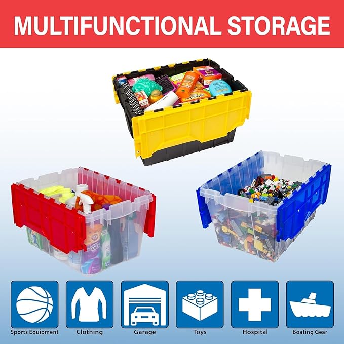 Akro-Mils KeepBox 12 Gallon Storage Container, Nesting and Stackable Plastic Storage Box with Lid Attached, Clear Tote for Garages, Closets, and Moving, 21-1/2" x 15" x 12-1/2", Clear/Red