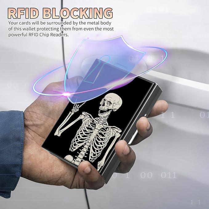 Slim Credit Card Holder, Skull Skeleton RFID Blocking Metal Wallet for Men & Women, Aluminum Minimalist Hard Case Pocket-Sized Business Cards Organizer (Fits Up to 10 Cards)