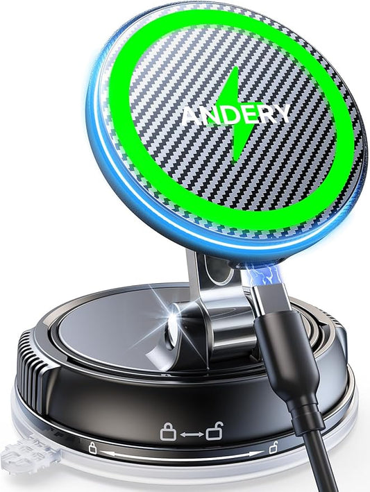 ANDERY Only for iPhone Magsafe Car Mount Charger [15W Wireless Faster Charging, 78+LBS Strongest Suction, 2400gf Strongest Magnetic] 360° Adjustable Car Phone Holder for All Smartphones & Cars