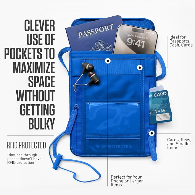 VENTURE 4TH Neck Wallet for Women & Men – RFID Blocking Passport Holder for Travel, Hidden Neck Pouch with 6 Compartments, Slim Lightweight Travel Organizer with Adjustable Strap (Sleek Blue)