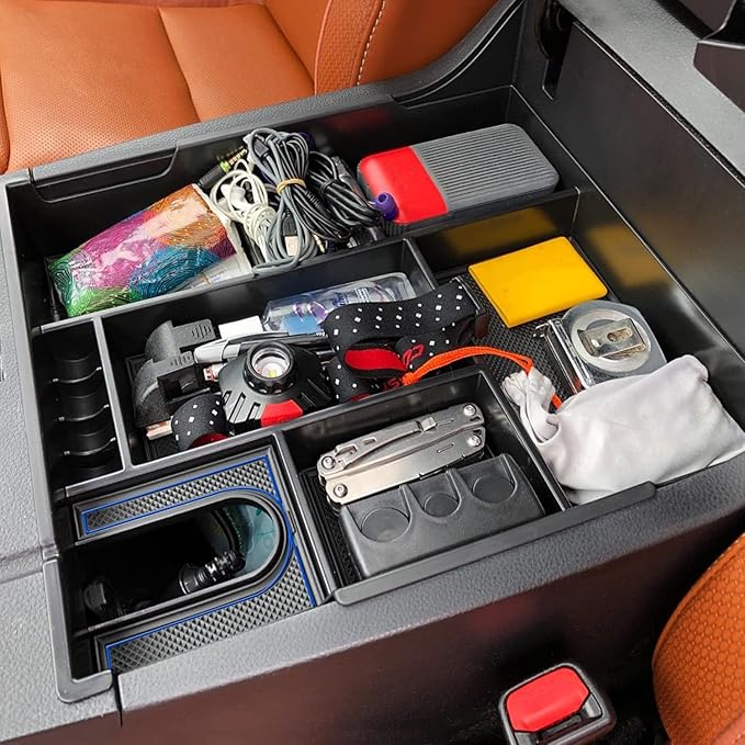 JOJOMARK Compatible with Toyota Tundra Accessories Center Console Tray Organizer fits for Toyota Tundra 2014-2020 2021 Insert ABS Armrest Box Secondary Storage (Blue)
