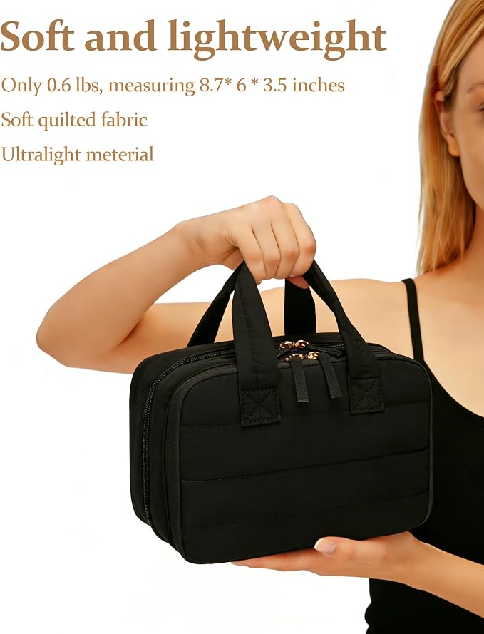 Small Makeup Bag, Travel Cosmetic bag, Toiletry Bag For Women, Make up Bag With Brush Storage, Hanging Toiletry Bag, Puffy Padded Makeup Organizer Case, Wide-open Travel Essentials (Black)