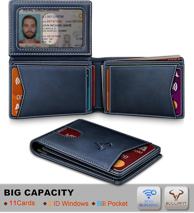 BULLIANT Men Wallet, Slim Leather Wallet Front Pocket Card Holder Gift For Men 11 Slots RFID Blocking