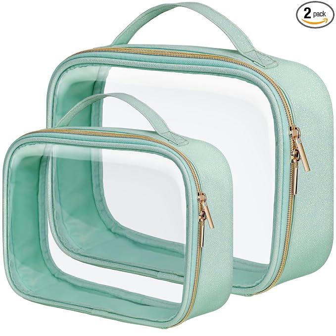 PACKISM Glitter Texture TSA Approved Toiletry Bag Set, Style Clear Makeup Bag with Handle, 1 TSA Medium & 1 Large for Travel, Gift for Women, Green