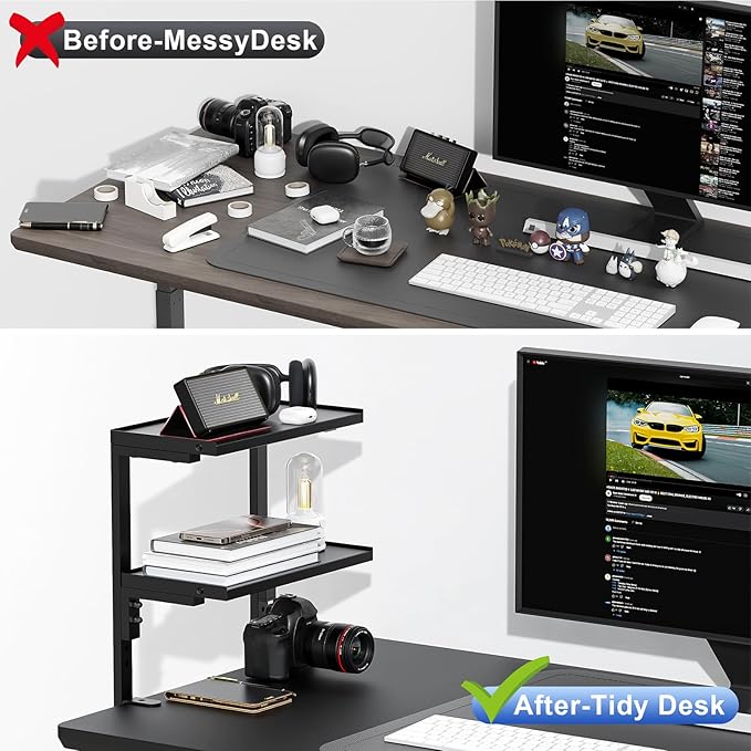 2-Tier Desk Shelf, Expandable Under Desk Storage, Clamp on Desk Shelf, Desktop Accessories for Offices, Study Rooms, and Game Rooms (Black)