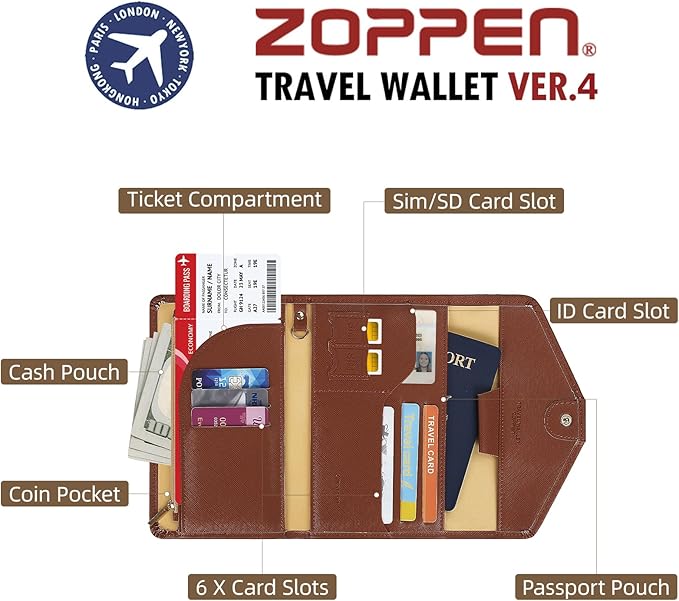 ZOPPEN Mulit-purpose Rfid Blocking Passport Holder Travel Wallet (Ver.4) Passport and Vaccine Card Holder ComboTri-fold Document Organizer Travel Essentials