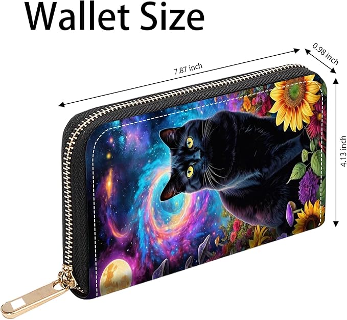 Black Cat Print Women Large Capacity PU Leather Zip Around Wallet, Multifunctional Clutch Purse for Cash/Card/Coin/Smart Phone