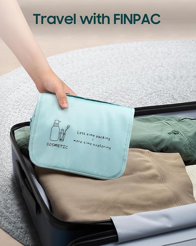 FINPAC Toiletry Bag, Large Capacity Hanging Makeup Bag with Waterproof PVC Compartment, Travel Cosmetic Organizer for Women, Makeup Lovers, Cruise, Gym, and Family Trips, Blue