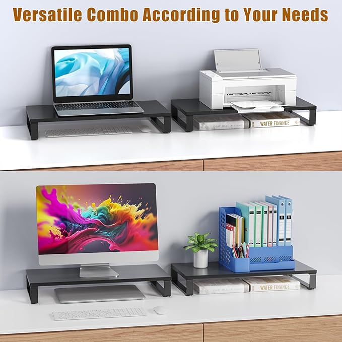 XINYAO Monitor Stand for Desk, Wood & Steel Computer Stand Riser with Storage Organizer for Office Laptop, PC, Printer 24 x 12 x 3.3 inch, Black