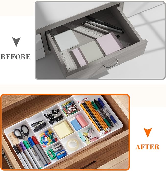 Briwooody 1 Pcs Large Expandable Acrylic Drawer Organizers, Grid Adjustable Drawer, Dividers Organizer for Desk, Makeup, Jewelry, Office, Kitchen Supplies (White,11 Compartments)