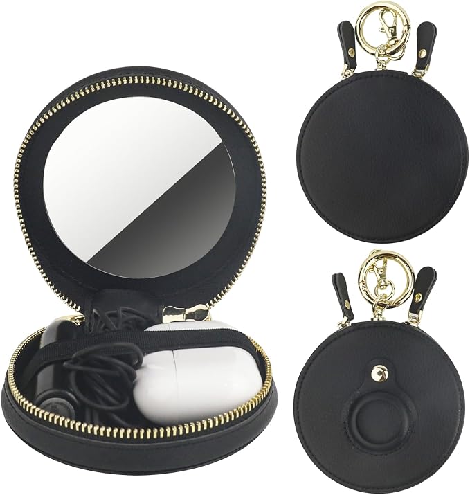 Bocasal Coin Pouch Mini Lipstick Cosmetic Bag with Airtag Holder Mirror, Leather Zipper Travel Makeup Bag Organizer Keychain Ring Clasp for Keys Earbuds Earphone Lip Gloss Chapstick Women Girl (Black)