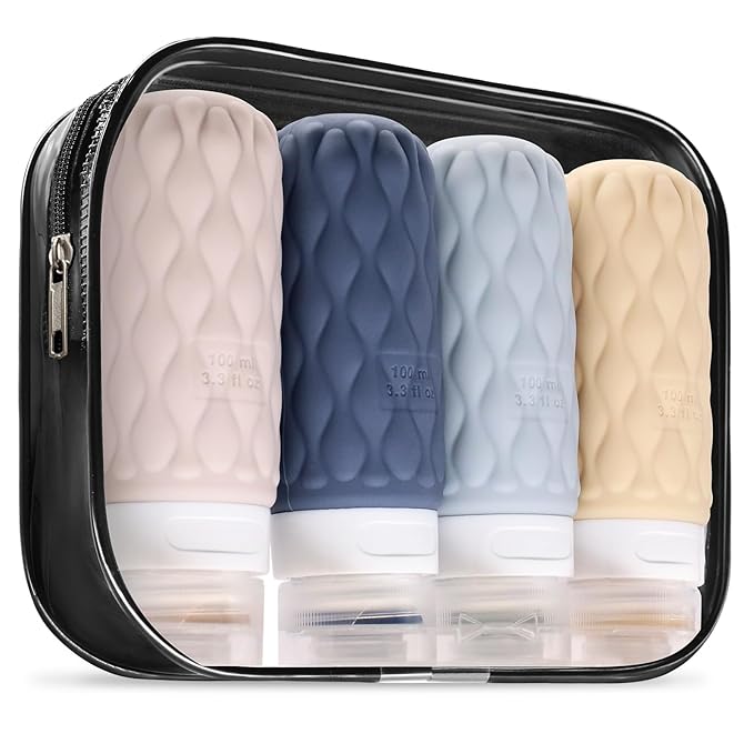 100 ml Silicone Travel Bottles for Toiletries with Labels/Clear Bag, Holiday Travel Essentials Leakproof Refillable Squeeze Travel Size Containers Set for Shampoo and Conditioner