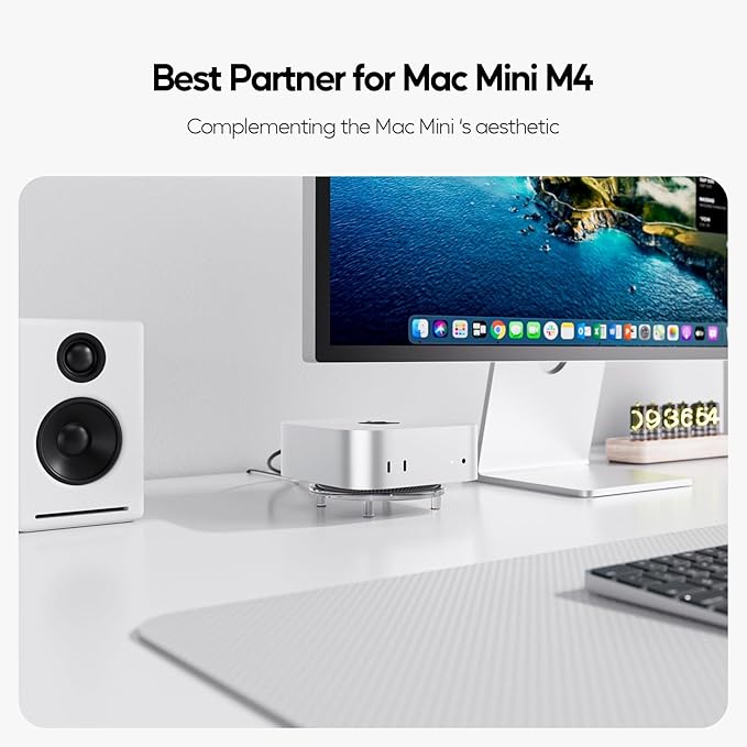 Clear Acrylic Desk Stand for Mac Mini M4/M4 Pro 2024, Minimalist M4 Holder with Easy Power Button Access, Anti-Slip Base & Heat Dissipation, Compact Space-Saving Design for Mac Mini 2024 Model