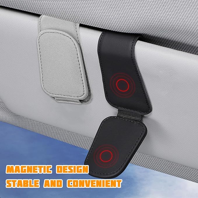 Sunglasses Holder for Car Visor, Microfiber Leather Magnetic Sun Visor Eyeglasses Hanger & Ticket Card Clip, Multi-Function Automotive Interior Glasses Mount, Universal Fit (Light Gray)