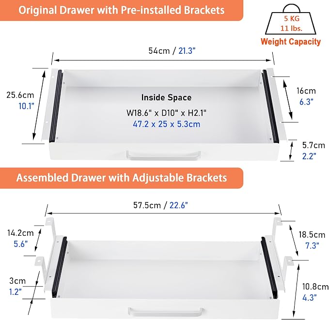 Under Desk Drawer Organizer 21" White Upgrade with Adjustable Brackets, Sliding Pull-Out Under Table Pencil Drawer, Office Standing Desk Attachment for Workbench