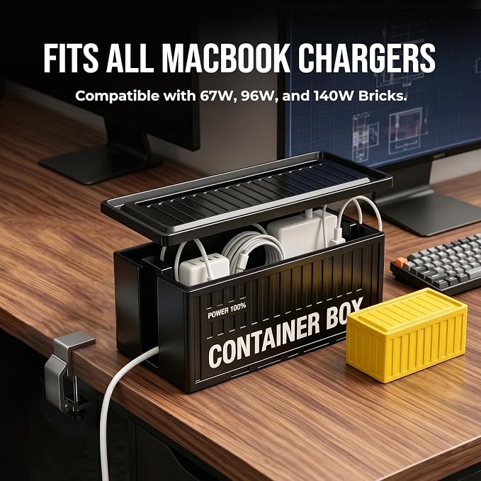 NEXIL Cable Management Box Kit - Cord Organizer Box to Hide Power Strips & Cables, 3-Piece Desk Cable Management Set with Headphone Hanger & Metal Storage Tin, Matte Black