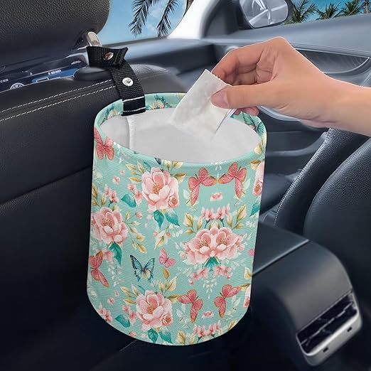 Pink Roses Butterflies Car Trash Bin Folding Vehicle Garbage Small Mini Front Back Seat Rubbish Basket with Strap Travel Garbage Organizer Bag Accessories, Keep Tidy Pink