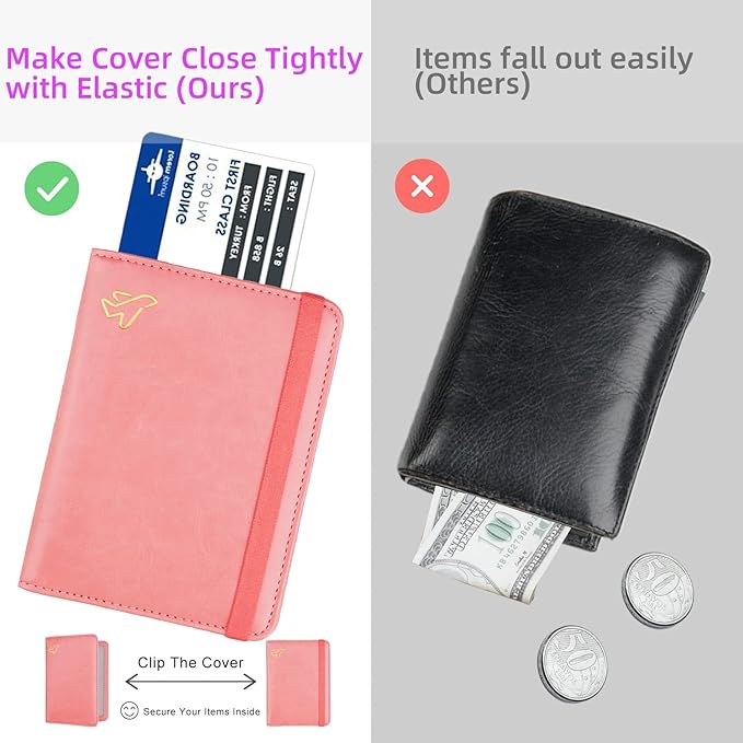 WALNEW AirTag Passport Holder, PU Leather Airtag Wallet RFID Blocking Passport Cover Travel Essentials Case for Women Men (Dark Pink)