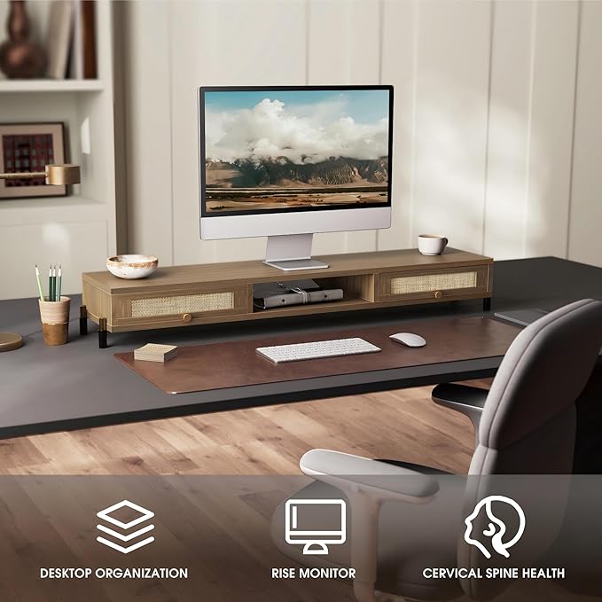 Fenge Dual Monitor Stand for Desk - Long Wooden Riser With Rattan Woven Drawer, 2 Tier Desk Shelf for 2 Monitors, Vintage Computer Stand for Laptop, Printer, TV