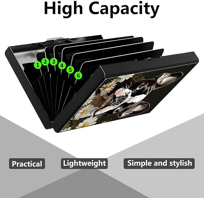 Credit Card Holder, Boston Terrier Dog Design Mini RFID Blocking Aluminum Wallet Slim Metal Hard Case Shell Travel Wallet ID Case Small Credit Cards Case Business Cards for Women Men Girls