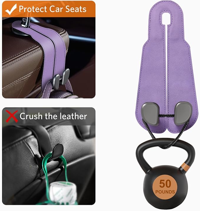 CoBak Purse Hook for Car - Universal Premium Stitched Leather and Aluminum-Magnesium Alloy Double Car Seat Back Storage Hook for Purses, Handbags, Bags (2 Pack),Amethyst Purple