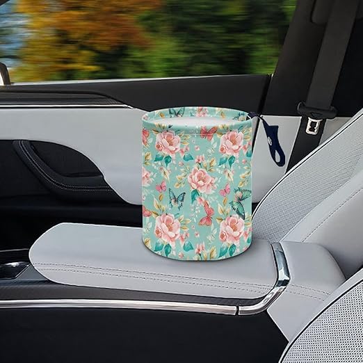 Pink Roses Butterflies Car Trash Bin Folding Vehicle Garbage Small Mini Front Back Seat Rubbish Basket with Strap Travel Garbage Organizer Bag Accessories, Keep Tidy Pink