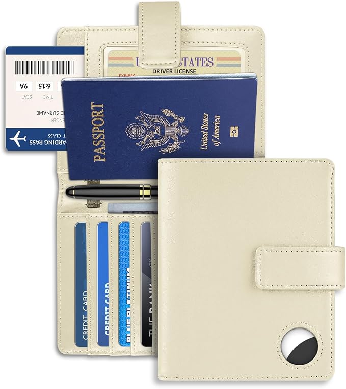 Passport Holder Wallet Cover Case for Women and Men,RFID Blocking,Passport Case with AirTag Slot,Travel Accessories (White)
