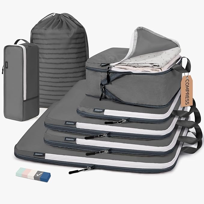 CherryNow Compression Packing Cubes, 7 Set Packing Cubes Compression, Travel Essentials, Travel Organizer for Shoes, Clothing, Grey