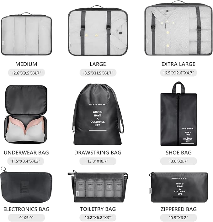 Mossio 9 Set Packing Cubes with Shoe Bag & Electronics Bag - Luggage Organizers Suitcase Travel Accessories